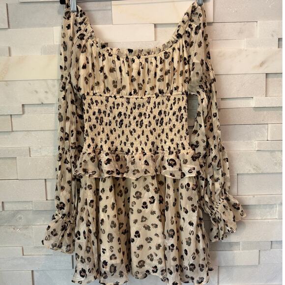 LUXXEL Cheetah Print Blouson Sleeves Tered Smocked Ruffled Mini Dress L Coquette - Picture 2 of 7